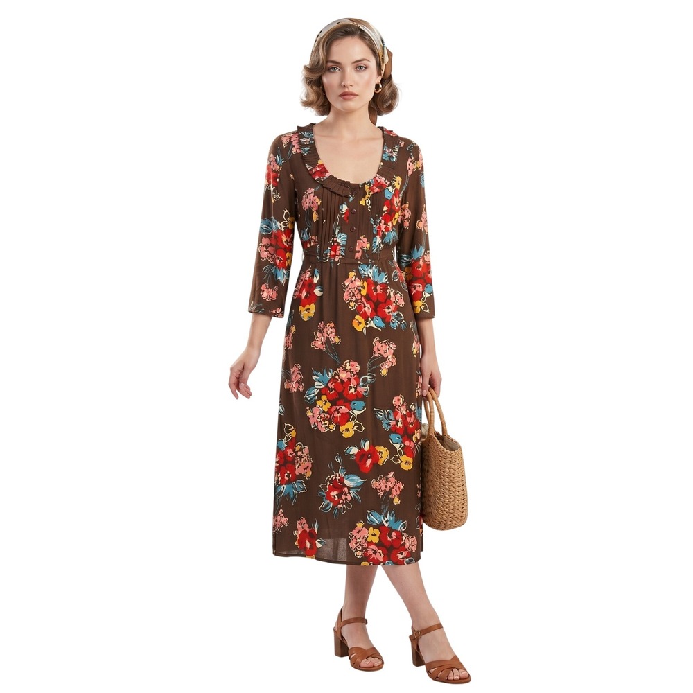 BODEN Brown Floral Ruffle Midi Dress Retro Mod Cottage Boho 12R NWT $190